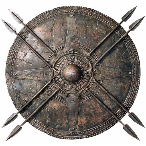 Ancient Spartan shield with crossed spears, intricate patterns on white