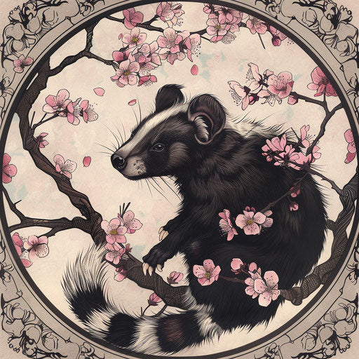 A skunk among blooming cherry blossoms in the style of Aaron Blaise