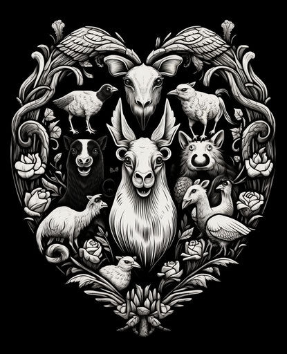 Black and white love for all animals - logo in organic realism style