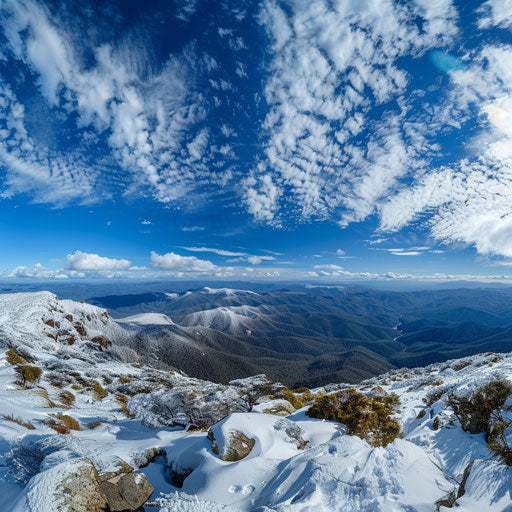 Snow-capped peaks of Mt Baw Baw under a brilliant sky