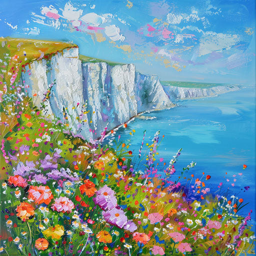 White Cliffs of Dover framed by vibrant wildflowers