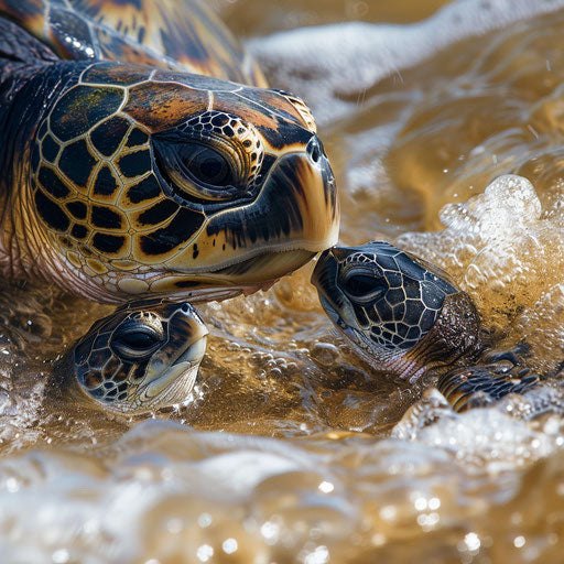 First Ocean Breath: Intimate Moment Between Hawksbill Sea Turtle and Hatchling