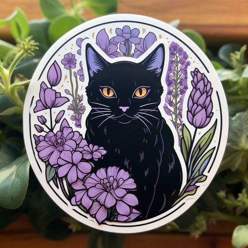 Black cats sticker for the black witch, botanical abundance style, white and purple