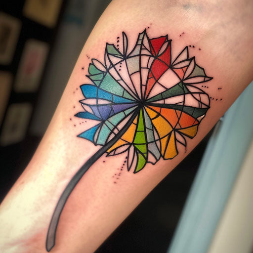 Stained glass style dandelion tattoo, bright colors, black lines