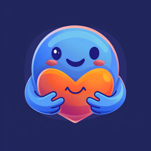 A blue emoticon holding a heart in its hands, dark orange and light navy style, caricature faces, teethcore, unbelievably beautiful!