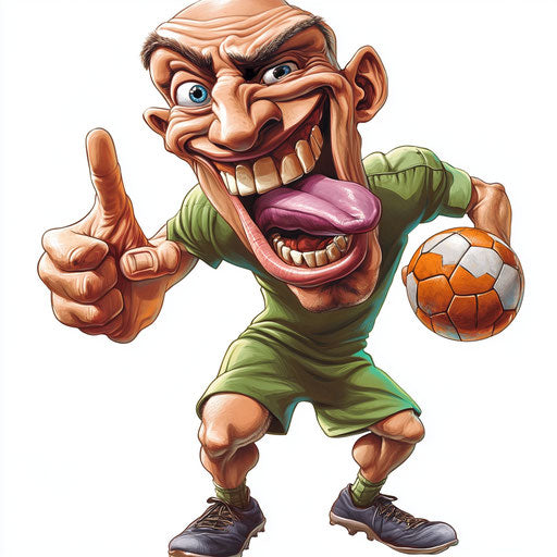 Humorous caricature of football player with human traits, muscular arms, playing with toy, vibrant colors
