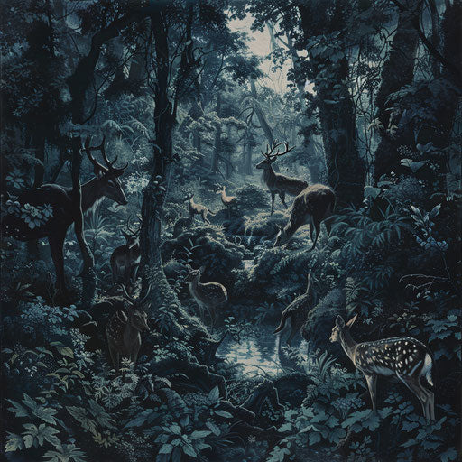 Nocturnal animals emerging in the twilight in a dense forest