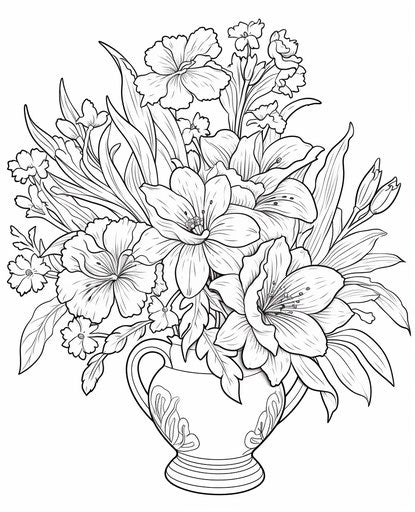 Flower arrangement coloring page, lush scenery style captivating and realistic