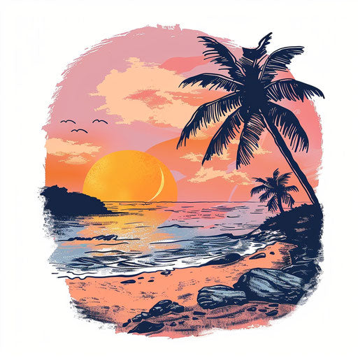 Serene tattoo sketch of a beach at sunset