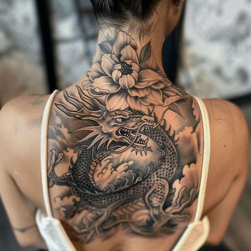 Dragon cover up tattoo in the style of Ami James