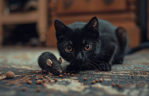 Black cat with a playful mouse, in the style of exaggerated facial features, carpet punk, photo taken with provia, warm core, pet core, rot core, 17:11