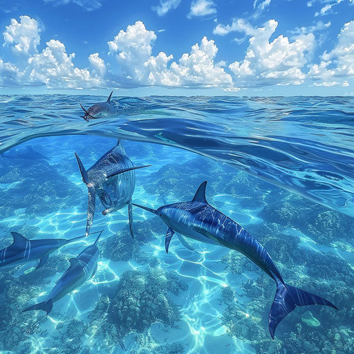 Swordfish and pod of dolphins racing through the crystal-clear waters of a tropical sea