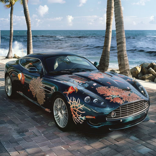 Underwater-themed Aston Martin DB7 Zagato with coral and fish decals next to a coral reef