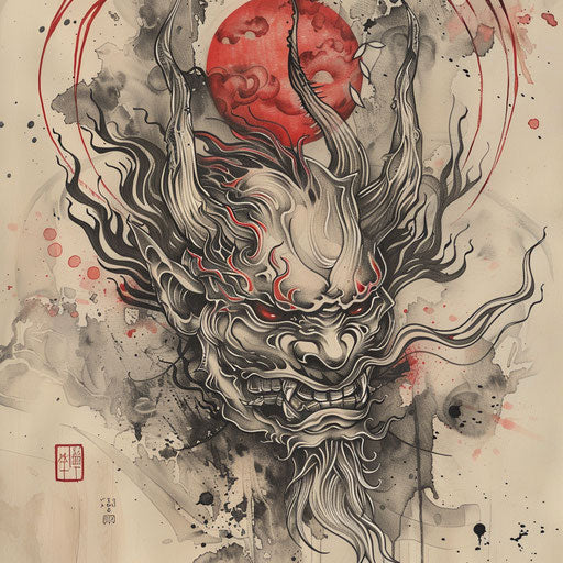 Japanese demon with surreal background in flat sketch