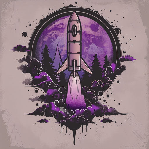 Eerie flat tattoo sketch of a phantom rocket in a spooky space scene