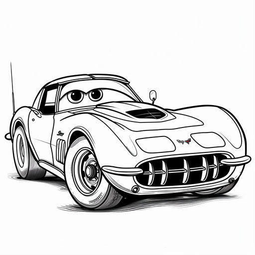 Whimsical cartoon Corvette with big eyes and smiling grille