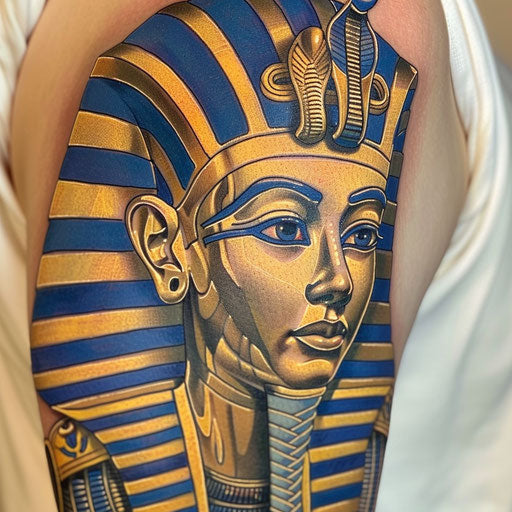 Egyptian pharaoh tattoo with gold and blue colors