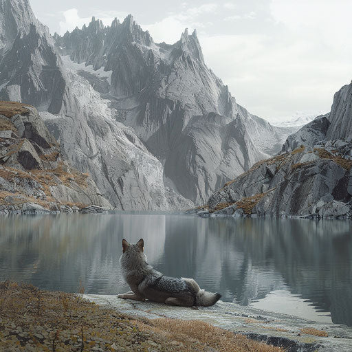 Wolf resting by a mountain lake in Simen Johan style
