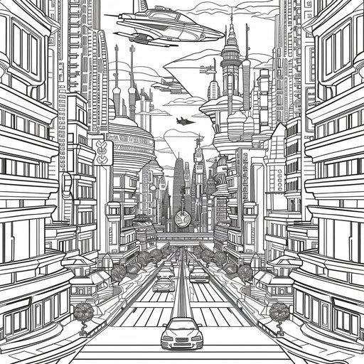 Futuristic city with flying cars and buildings. Coloring page