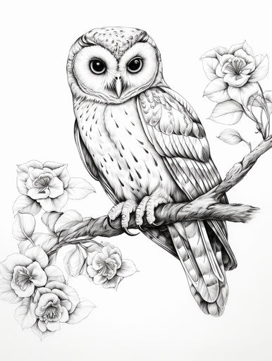 Owl on a branch, clean and sharp ink style, commission 3:4