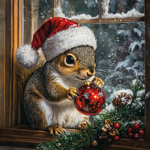 A mischievous squirrel hiding Christmas ornaments