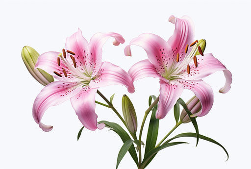 Two pink lilies on white background, high quality photo style, feminine body