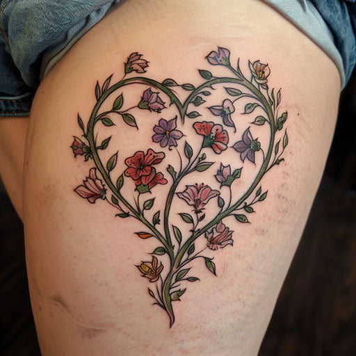 Wildflower heart tattoo, entwined stems, rich reds and greens, romantic style