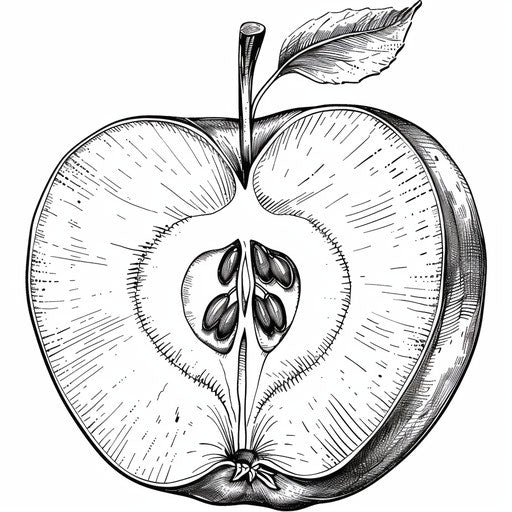 Apple sliced in half showing detailed seeds and core. Coloring book page
