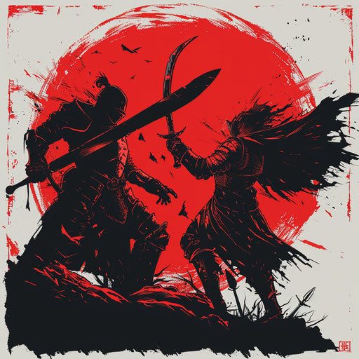 Dynamic tattoo sketch of a Dark Souls battle scene in a vivid, flat clipart style with red and black