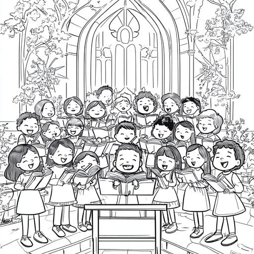 Choir singing in a church, Butch Hartman style, coloring page