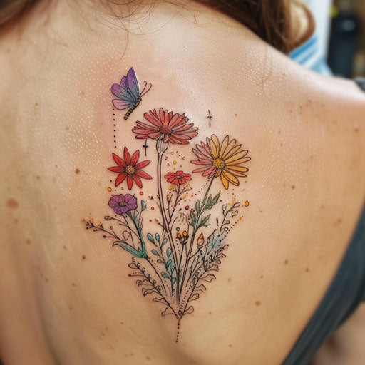 Wildflower tattoo with fairy, bright colors, fantasy theme
