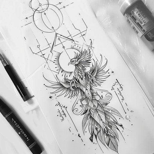 Geometric tattoo sketch of a phoenix rising, blending traditional motifs with geometric elements, on white background
