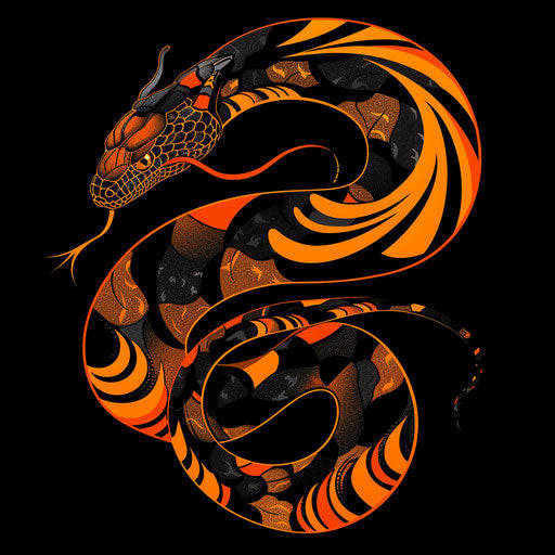 Dynamic flat tattoo sketch of a striking serpent, vivid oranges and blacks, clipart style
