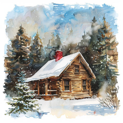 Wooden cabin surrounded by snow-covered pines, peaceful retreat