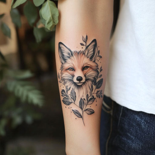 Fox surrounded by leaves, inner forearm tattoo