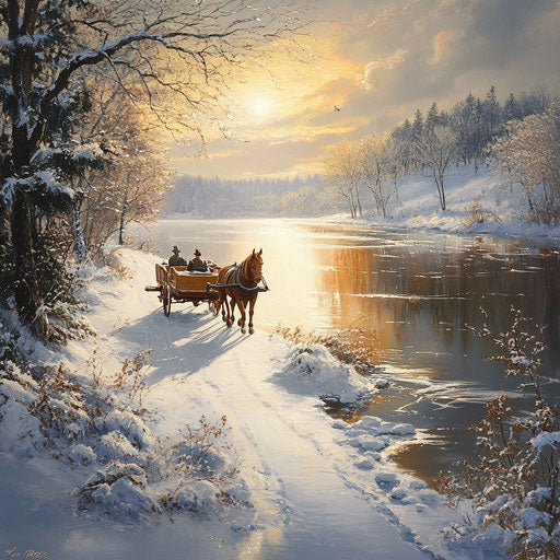 Winter scene with horse pulling wagon along lakeside path, frozen water glistening