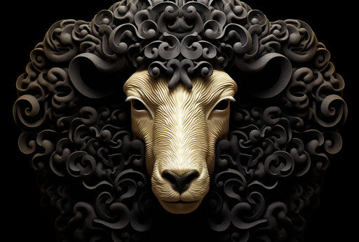 Black sheep with hair pattern, calligraphic lines, naturalistic shadows