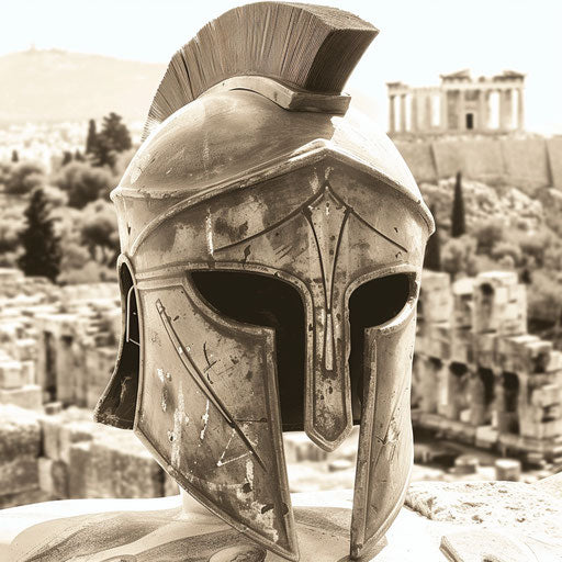 Spartan helmet with ancient Greek ruins in sepia tones