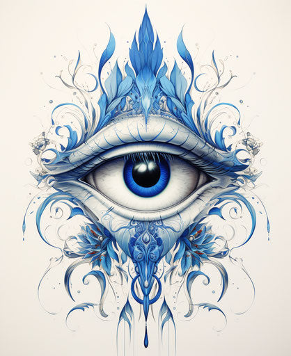 Fantasy eye tattoo with intricate foliage in white and blue