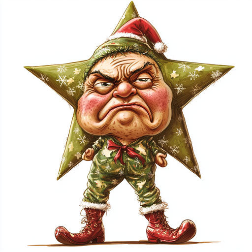 Humorous caricature of a Christmas star with human characteristics