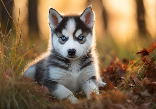 Small black and white husky puppy in the grass