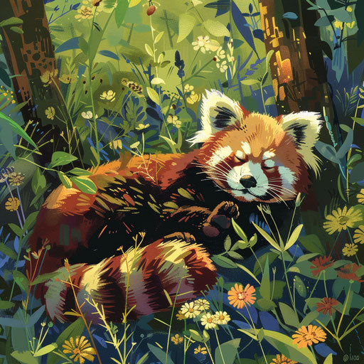 Red panda enjoying sun in a flowery clearing