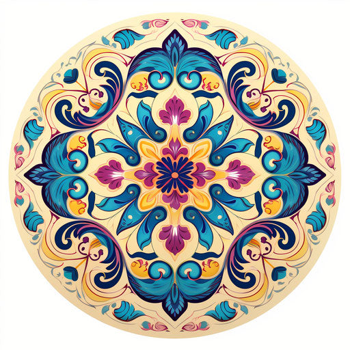 Ornamental circular design on white background - vibrant color combinations
