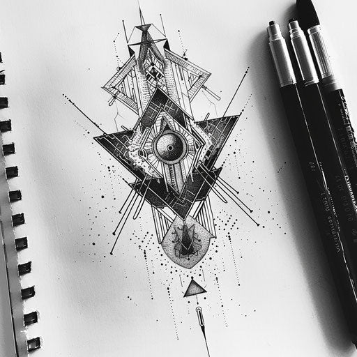 Bold tribal geometric tattoo with sharp angles on white page