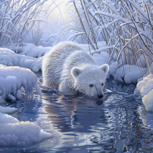 First swim of a young polar bear cub in a serene icy pond
