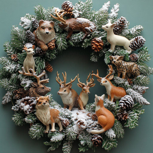 Wildlife wreath with figurines, fake snow, and tiny pine trees