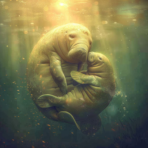 Manatee and calf in a tender embrace, warm tones