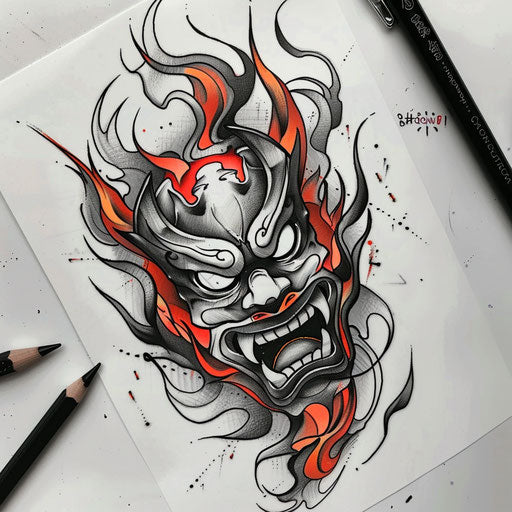 Dynamic flat tattoo sketch of a Hannya mask with flames and smoke billowing around it