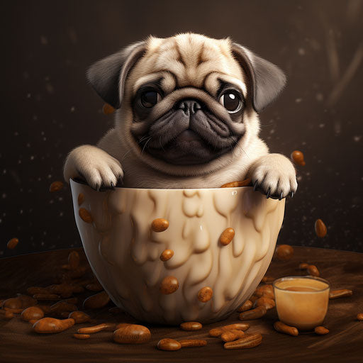 pug in the cup, contest winner style, beige, full body, innocent