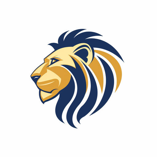 Modern lion sports logo in gold and blue on minimalist white background